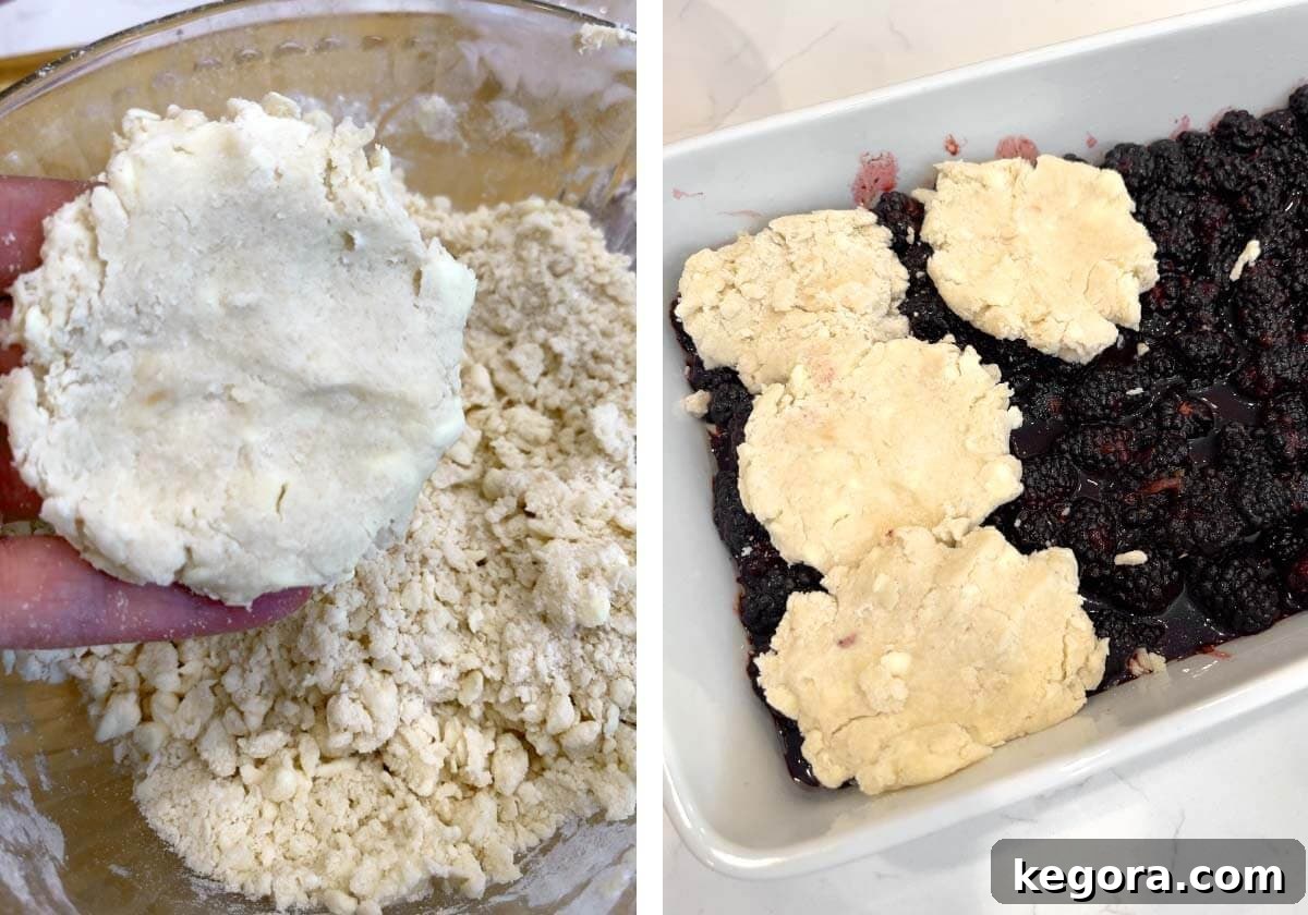 Image showing hands forming rustic dough discs from the biscuit mixture, ready to be placed on top of the blackberry filling.