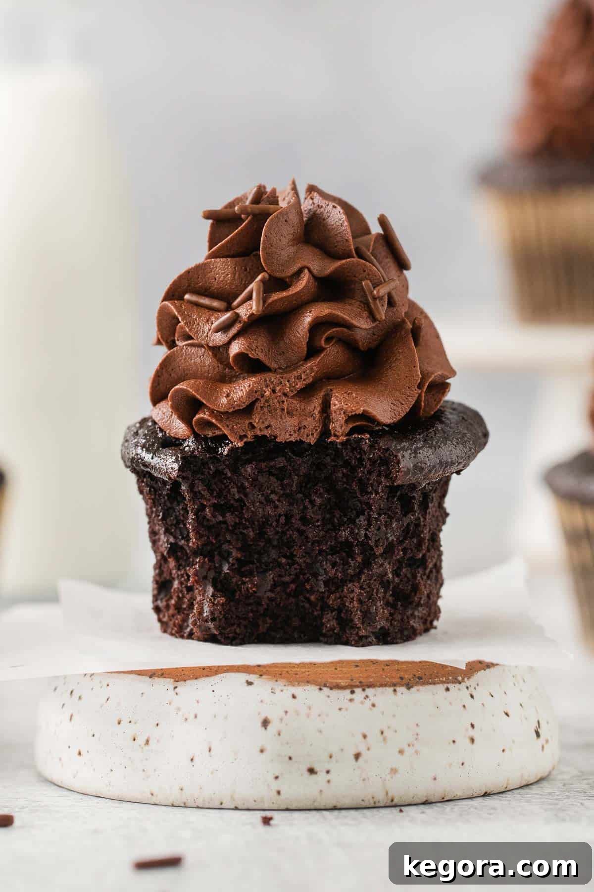 Decadent Gluten Free Chocolate Delights 2 Close-up side view of a moist gluten-free chocolate cupcake with a bite taken out, showing its tender crumb and rich chocolate frosting.