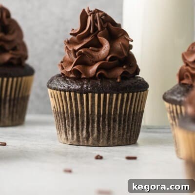 A beautifully frosted gluten-free chocolate cupcake, with a glass of milk in the background.