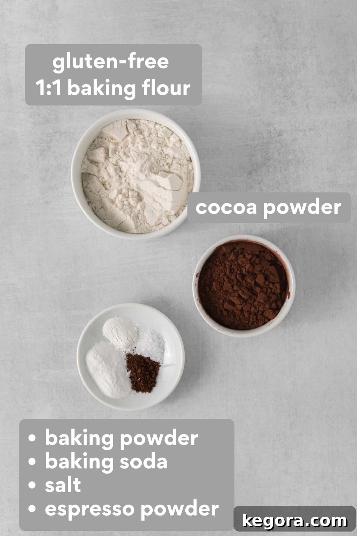 Decadent Gluten Free Chocolate Delights 4 Collection of dry ingredients for gluten-free chocolate cupcakes, including gluten-free flour, cocoa powder, baking soda, and espresso powder, laid out on a clean surface.