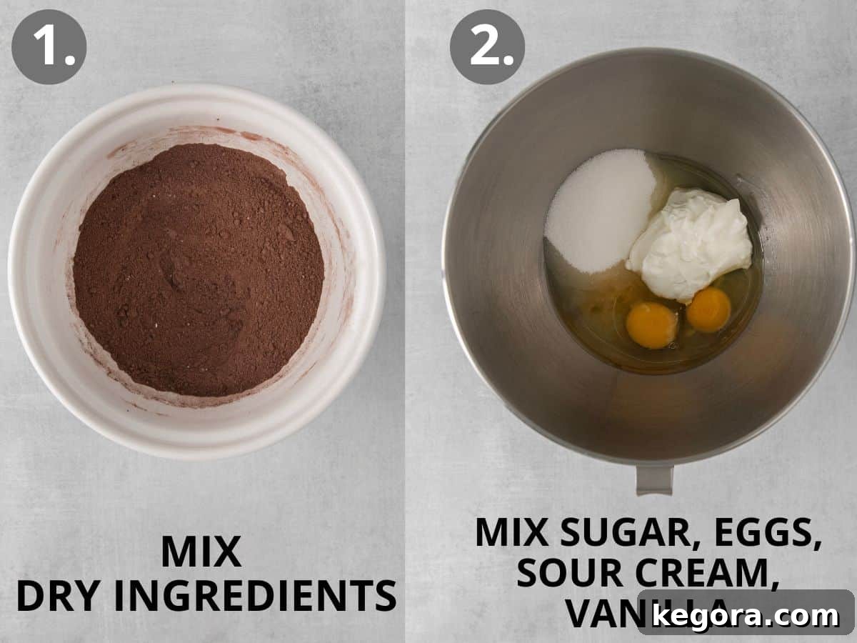 Decadent Gluten Free Chocolate Delights 6 First step in baking: dry ingredients are mixed in a bowl, and wet ingredients (sugar and eggs) are combined in a stand mixer.