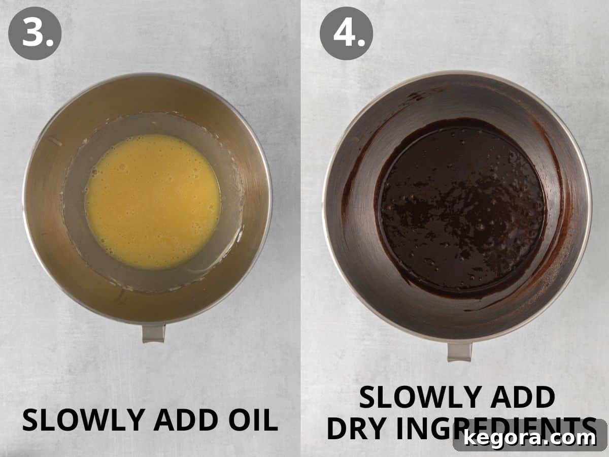 Decadent Gluten Free Chocolate Delights 7 Next steps in cupcake preparation: neutral oil is poured into the stand mixer bowl, followed by the gradual addition of dry ingredients.
