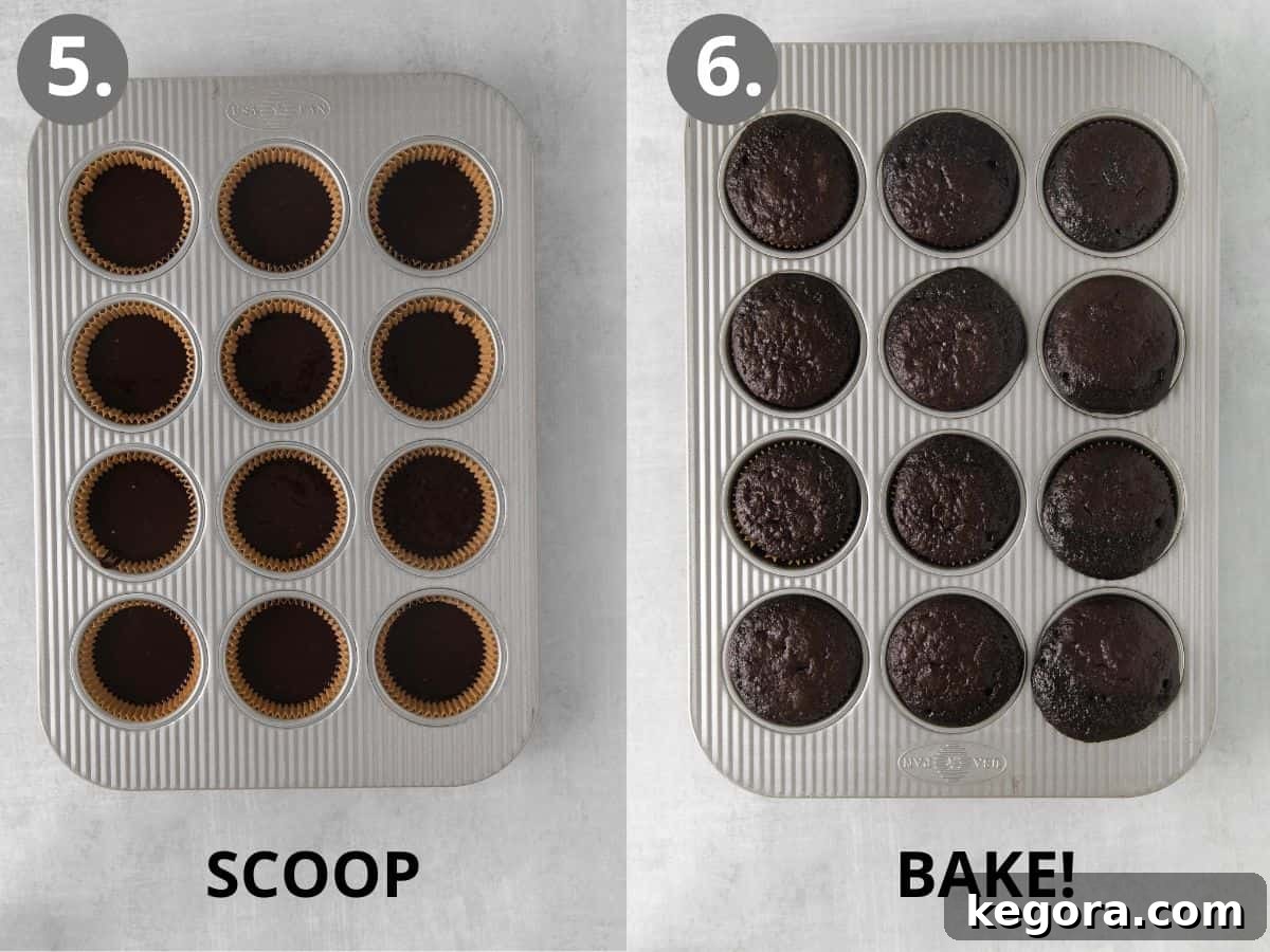 Decadent Gluten Free Chocolate Delights 8 Cupcake batter carefully poured into lined muffin cups, and the perfectly baked gluten-free chocolate cupcakes in the pan.