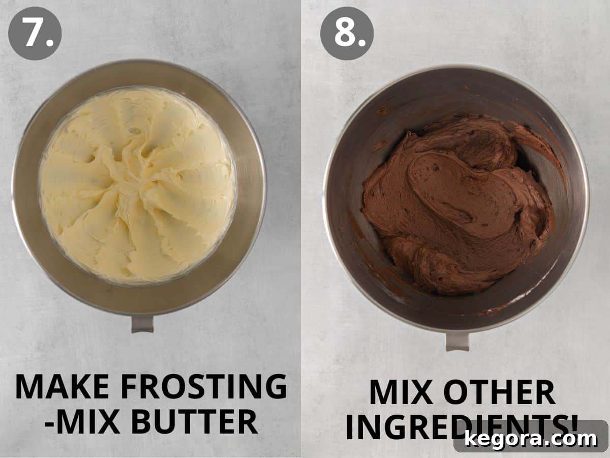 Decadent Gluten Free Chocolate Delights 9 Process of making chocolate buttercream: softened butter being beaten in a stand mixer, followed by the addition of powdered sugar, cocoa, cream, and extracts.