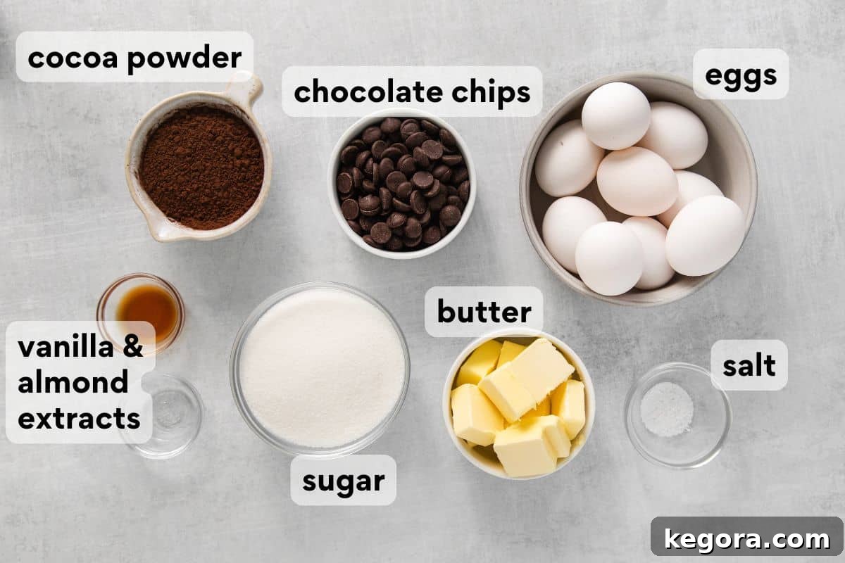 flourless chocolate torte ingredients measured and labeled on a counter.