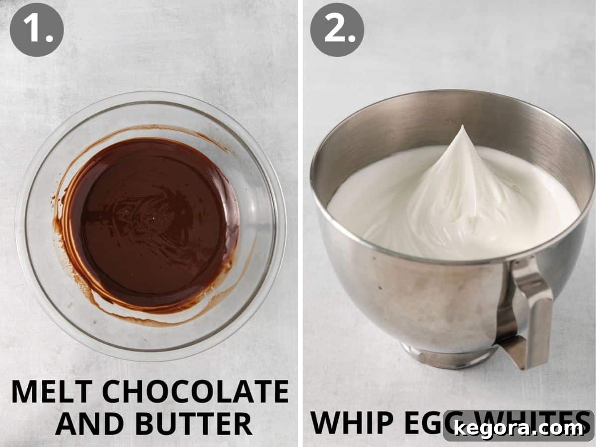 Steps 1 and 2: melting chocolate and butter, and whipping egg whites to stiff peaks.