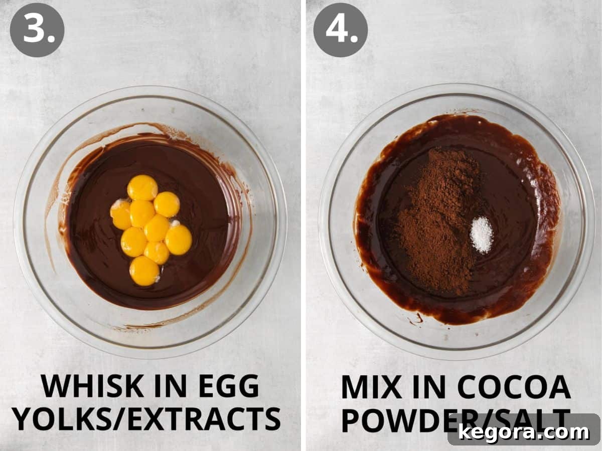 Steps 3 and 4: whisking egg yolks, extracts, cocoa powder, and salt into the cooled chocolate mixture.