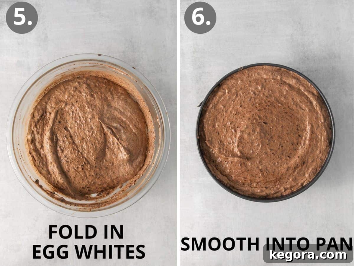 Steps 5 and 6: gently folding in egg whites and pouring the batter into the prepared springform pan.