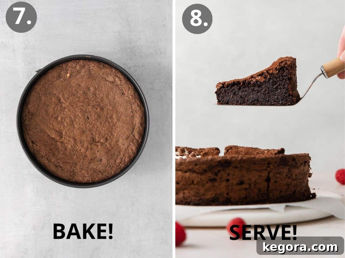Steps 7 and 8: removing the torte from the pan, cooling, and dusting with cocoa powder before serving.