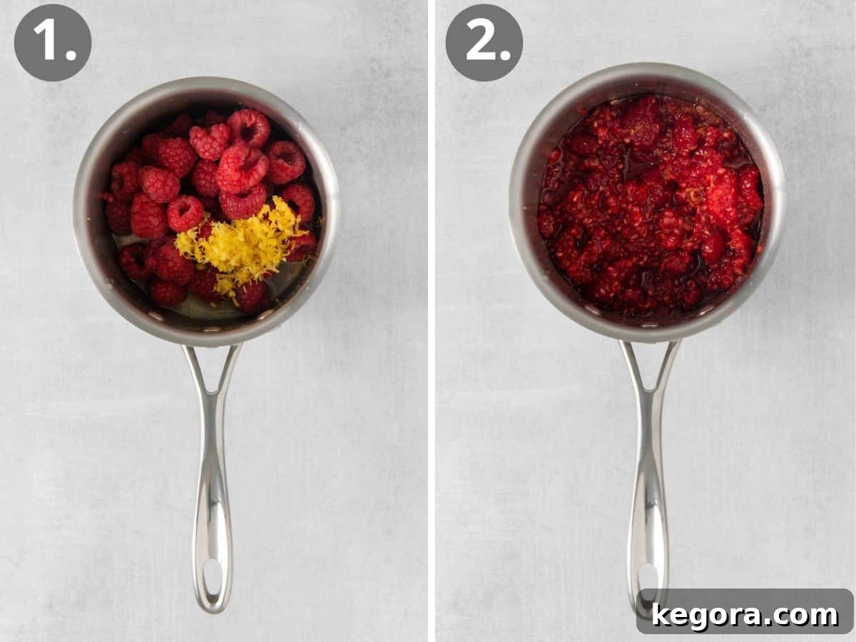 Vibrant Raspberry Drizzle 5 Visual steps showing fresh raspberries, sugar, and lemon juice combined in a saucepan, followed by a hand mashing the berries.