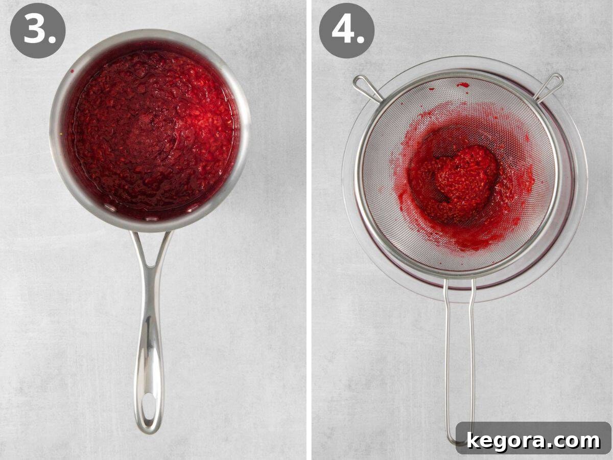 Vibrant Raspberry Drizzle 6 Visual steps showing the raspberry mixture simmering on a stovetop, followed by the coulis being strained through a fine-mesh sieve into a bowl.