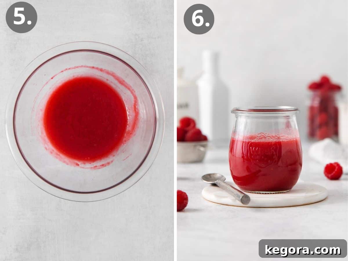 Vibrant Raspberry Drizzle 7 Visual steps showing the cooled raspberry coulis in a jar, ready for serving, followed by a hand adding a splash of liqueur to the coulis.