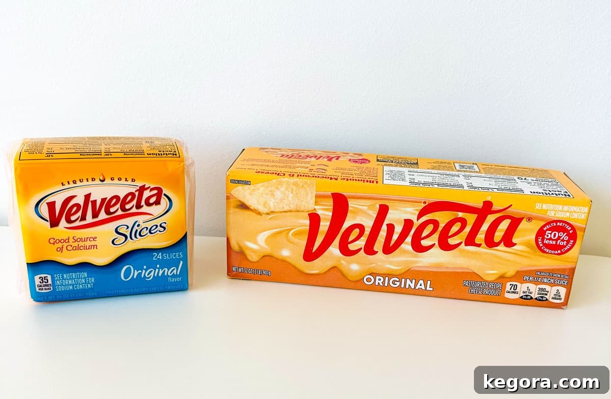 Velveeta and Gluten: What You Need to Know 3 shot of velveeta original and slices on white background