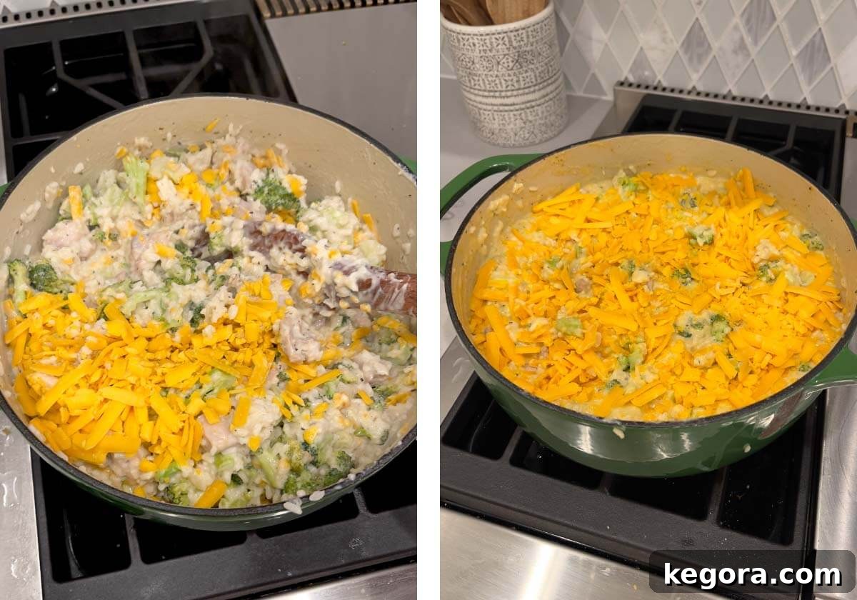 Creamy Cheddar Chicken Broccoli Rice Bake 12 Stirring half of the shredded cheese into the casserole, then sprinkling the remaining cheese on top before melting.