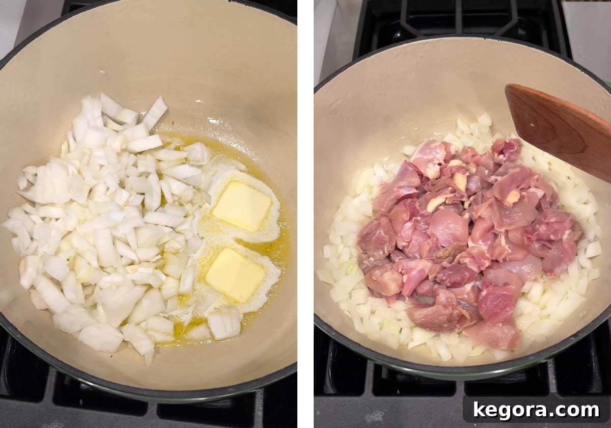 Creamy Cheddar Chicken Broccoli Rice Bake 5 Sautéing diced onion and chicken pieces in a large pot with butter and olive oil.