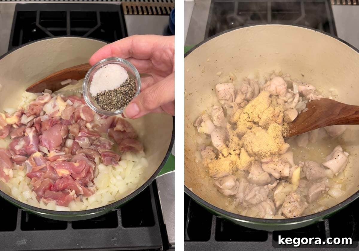 Creamy Cheddar Chicken Broccoli Rice Bake 6 Adding various seasonings to the sautéed chicken and onion in the pot, stirring to combine.