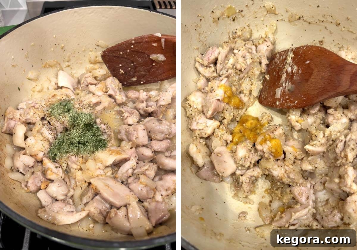 Creamy Cheddar Chicken Broccoli Rice Bake 7 Adding chicken bouillon to the seasoned chicken and onion mixture in the pot, before adding flour.