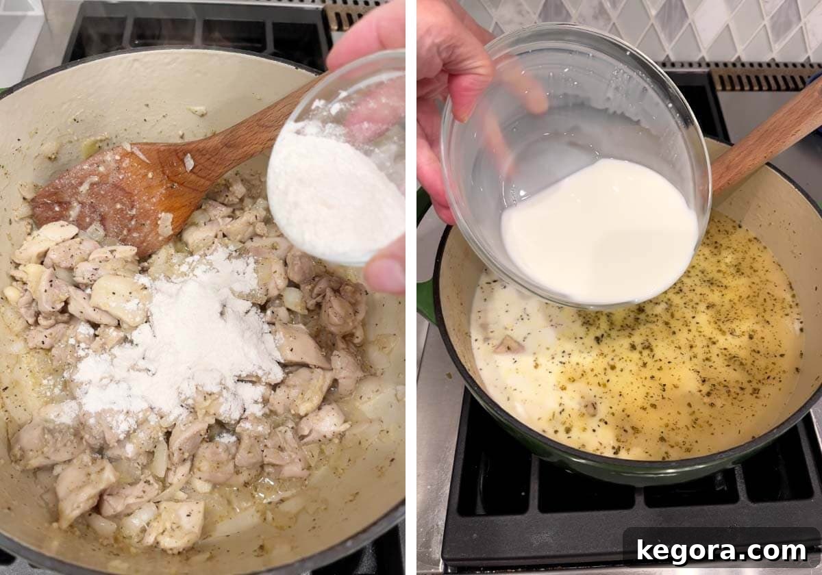 Creamy Cheddar Chicken Broccoli Rice Bake 8 Adding all-purpose flour to the seasoned chicken mixture, followed by pouring in chicken broth and milk.
