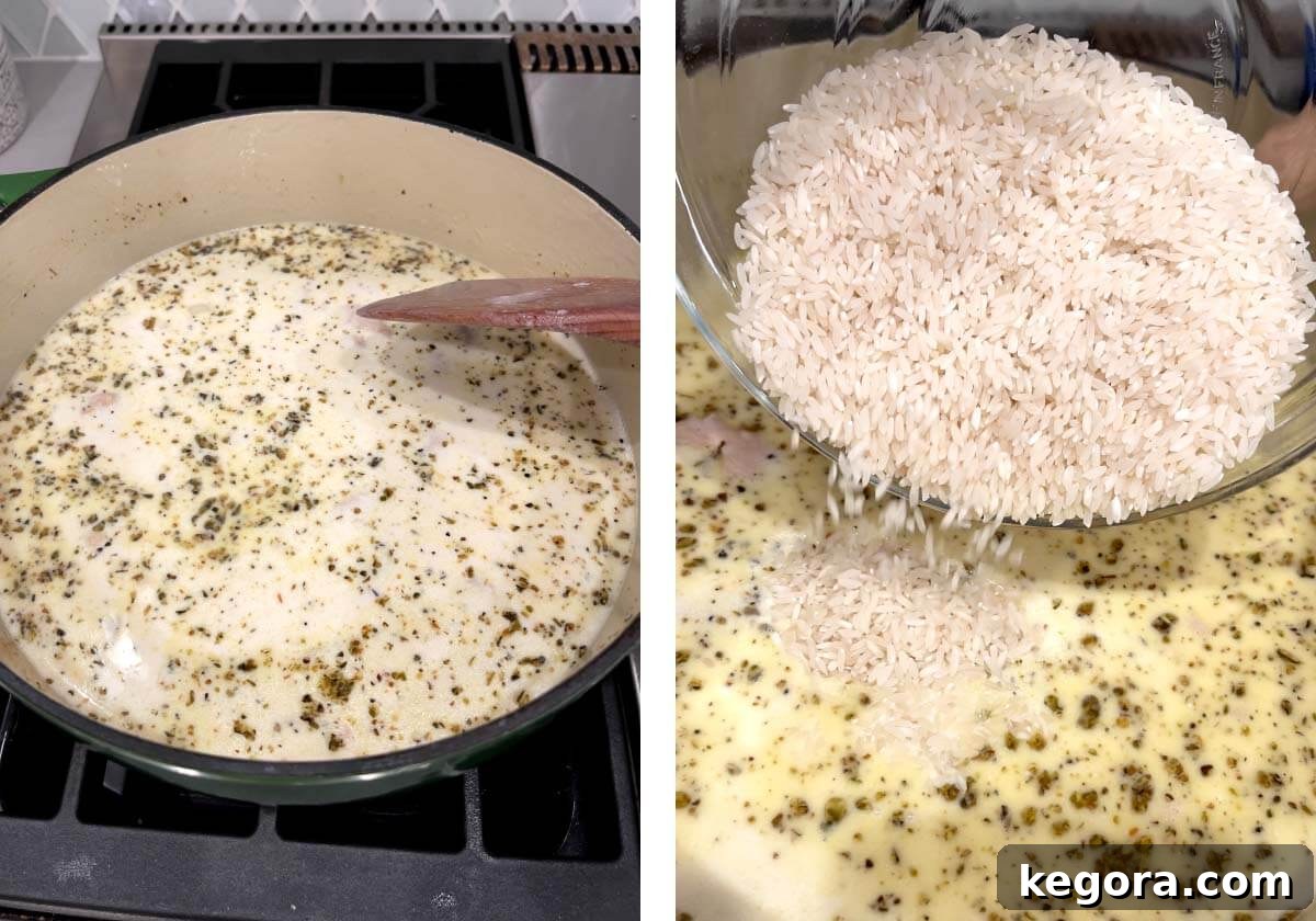 Creamy Cheddar Chicken Broccoli Rice Bake 9 Bringing the liquid mixture to a simmer, then adding uncooked long grain white rice to the pot.
