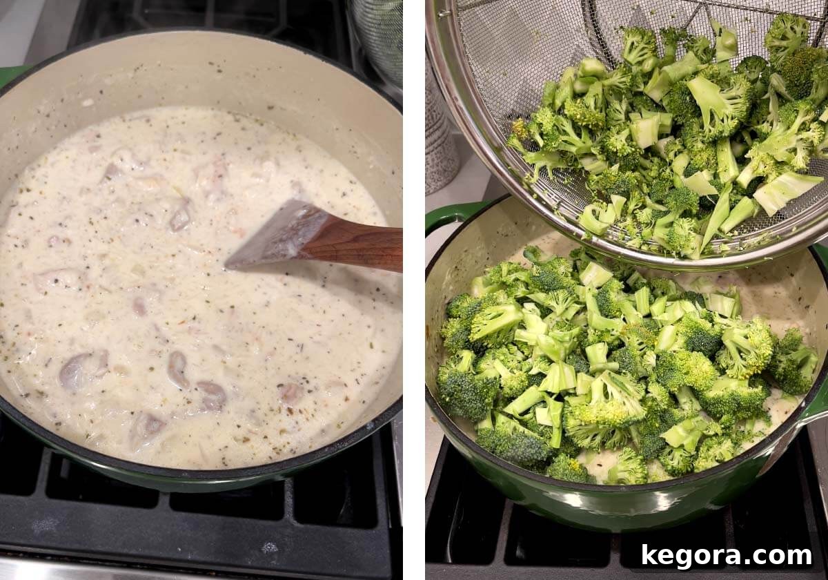 Creamy Cheddar Chicken Broccoli Rice Bake 10 Stirring the cooked rice and chicken mixture, then adding fresh broccoli florets into the pot.