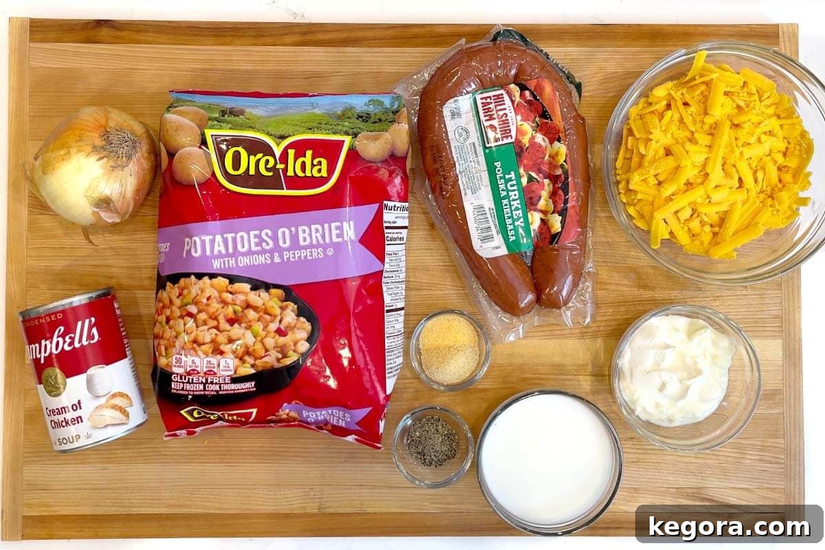 slow cooker Cheesy Potatoes and Kielbasa ingredients shot