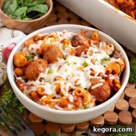 Easy Meatball Pasta Bake in white bowl