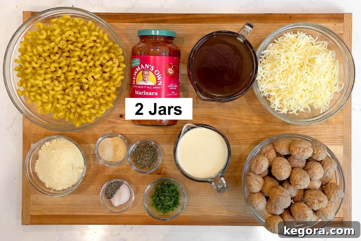 Easy Meatball Pasta Bake ingredients shot on board