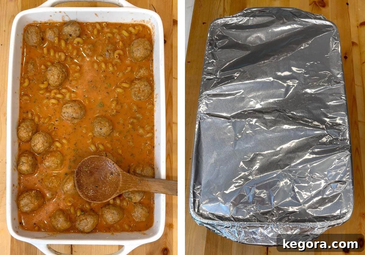 ingredients in baking dish, dish covered with foil