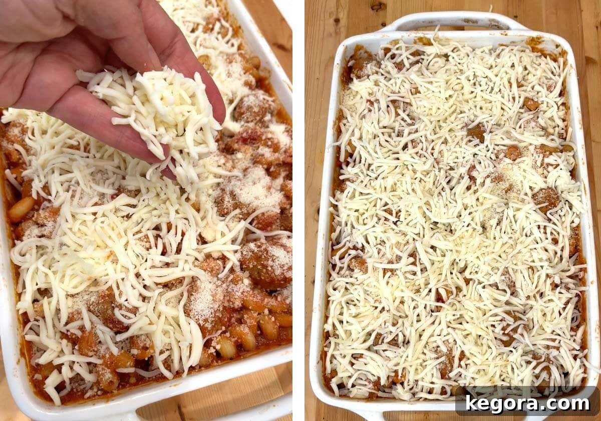 sprinkling mozzarella on baked casserole