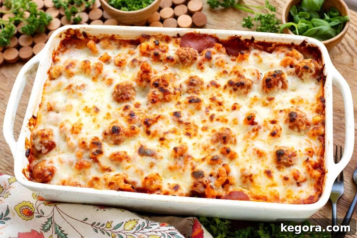 Baked Meatball Pasta in white baking dish