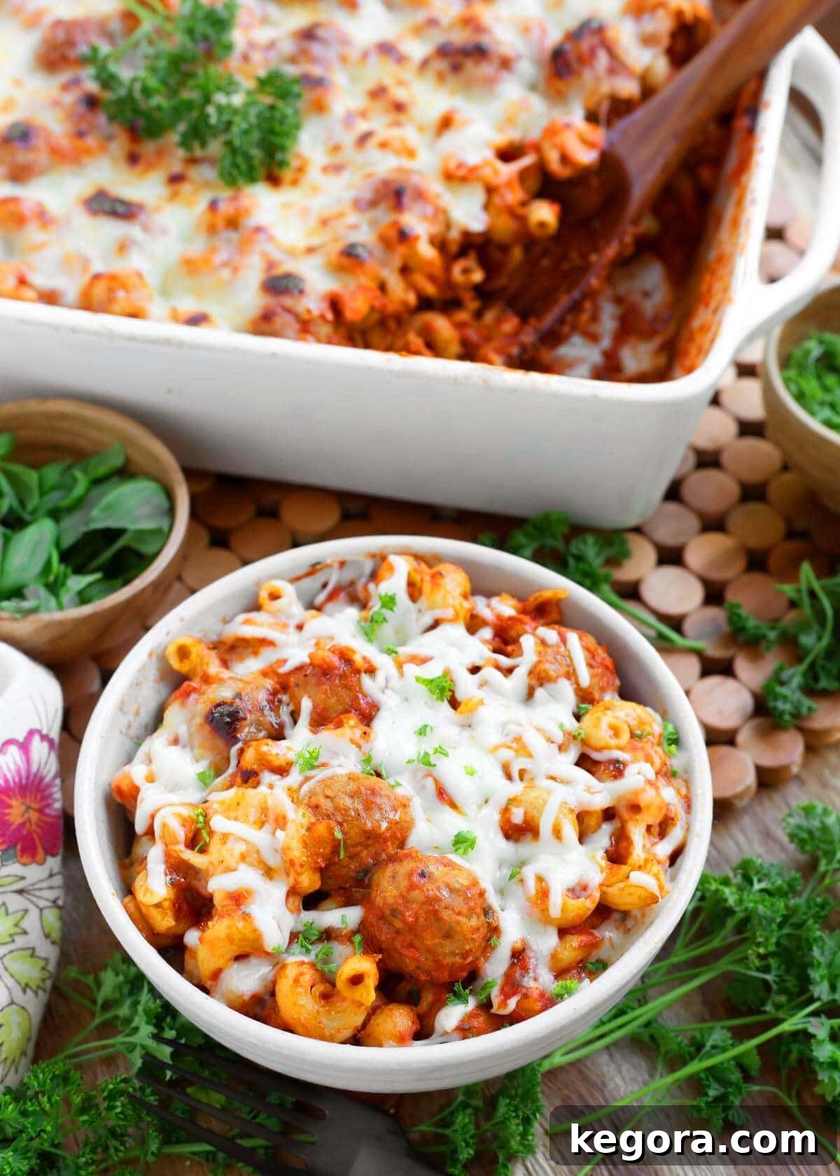 Easy Meatball Pasta Bake in white bowl