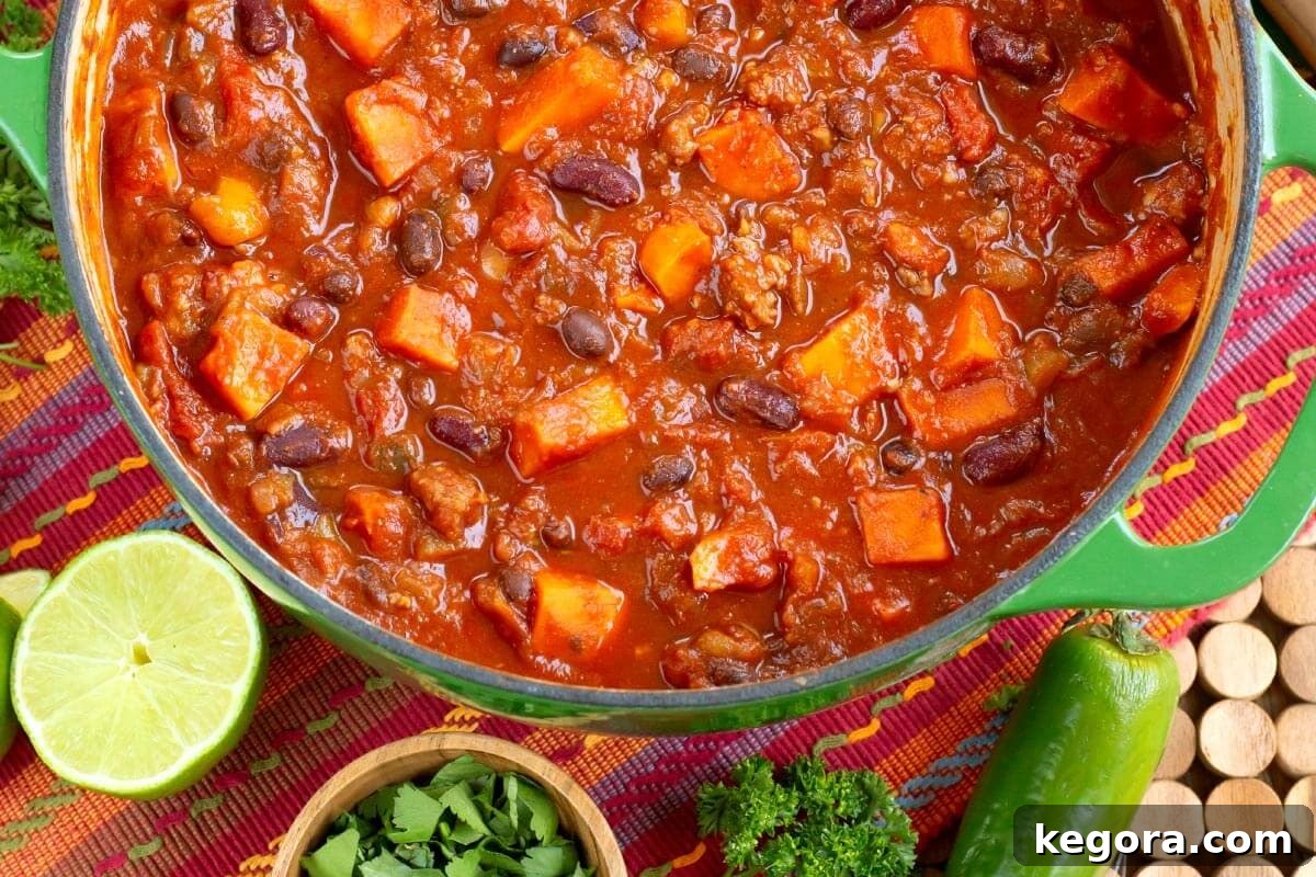 Sausage Sweet Potato Chili in green pot