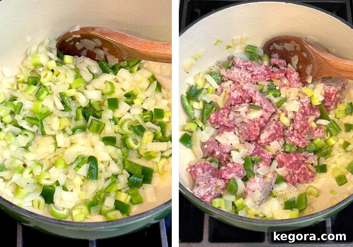 sautéing aromatics, sausage added