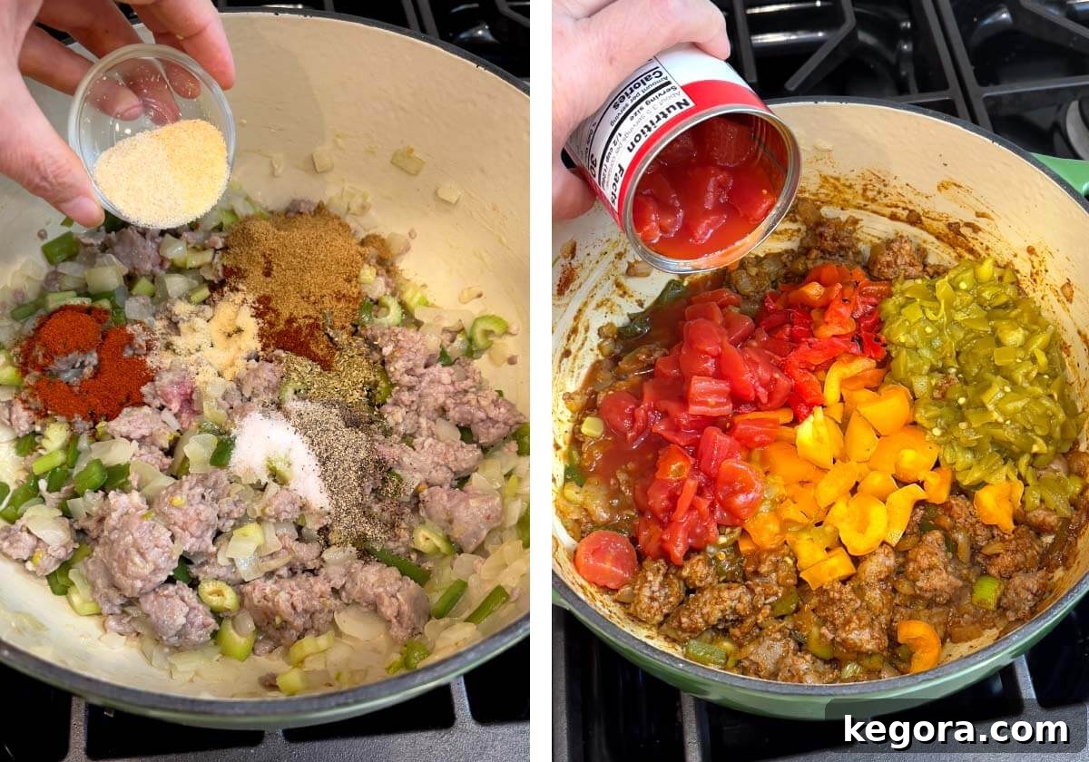 adding spices to meat & onion, adding veggies.