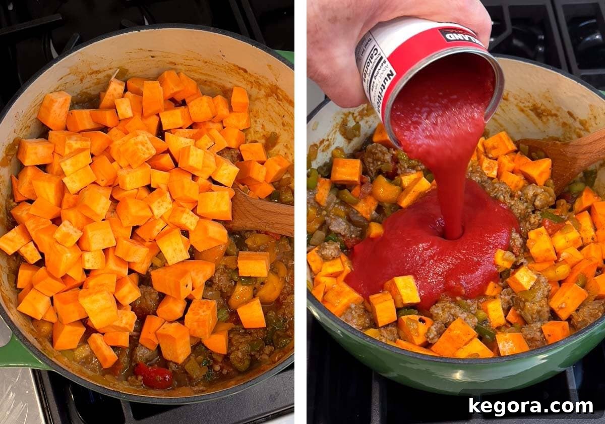 cubed sweet potatoes added, pouring tomato sauce in pot