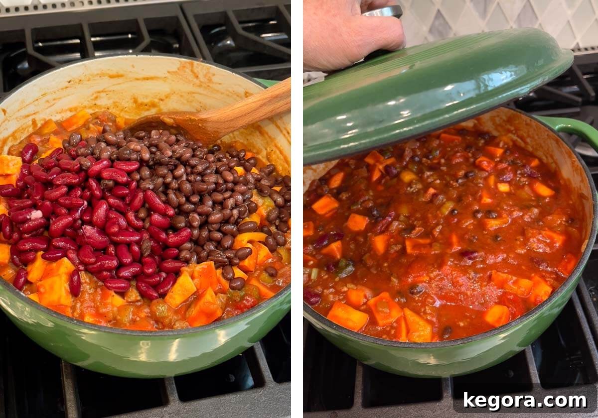 beans added to chili, placing lid on pot