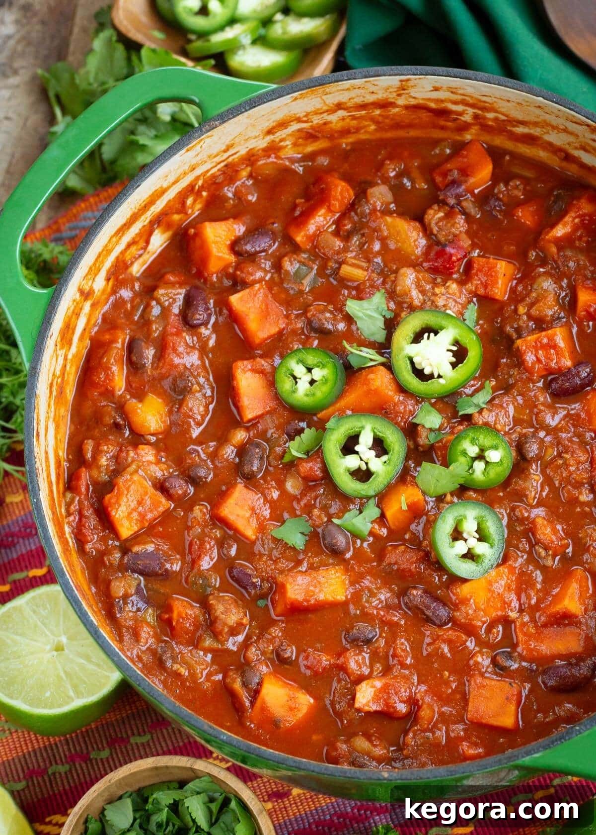 Sausage Sweet Potato Chili in green pot