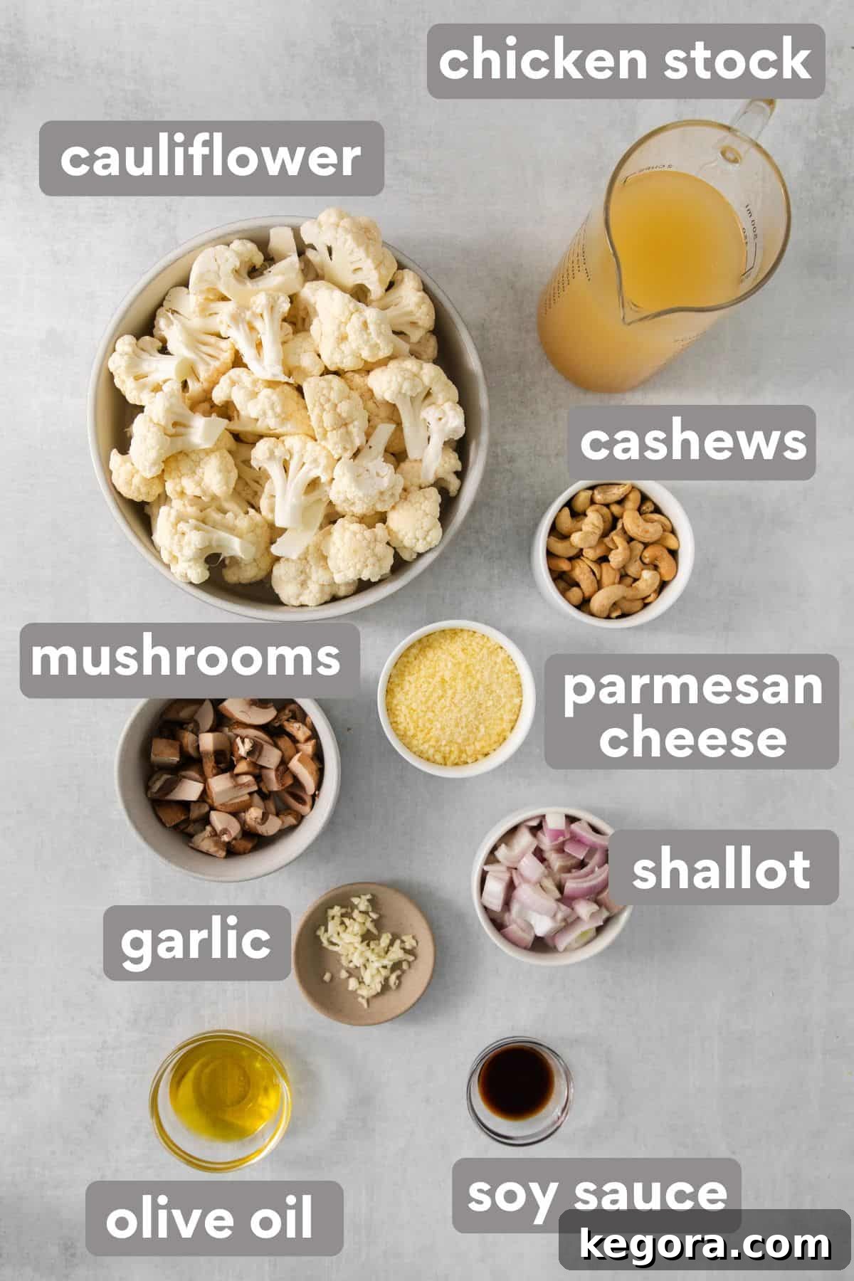 Silky Cauliflower Alfredo 2 Ingredients for cauliflower alfredo sauce on a countertop