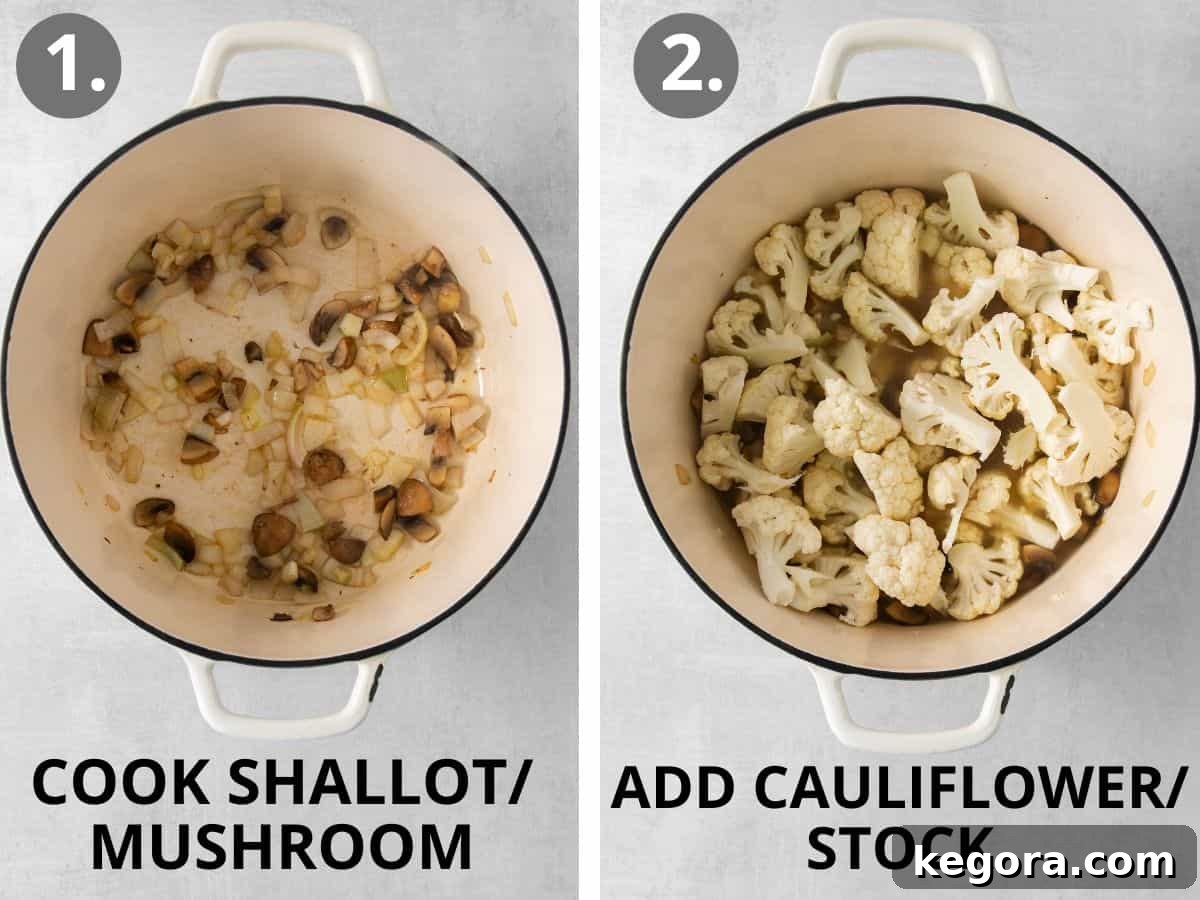 Silky Cauliflower Alfredo 3 Shallots and mushrooms in a pot, and cauliflower and stock added to the pot