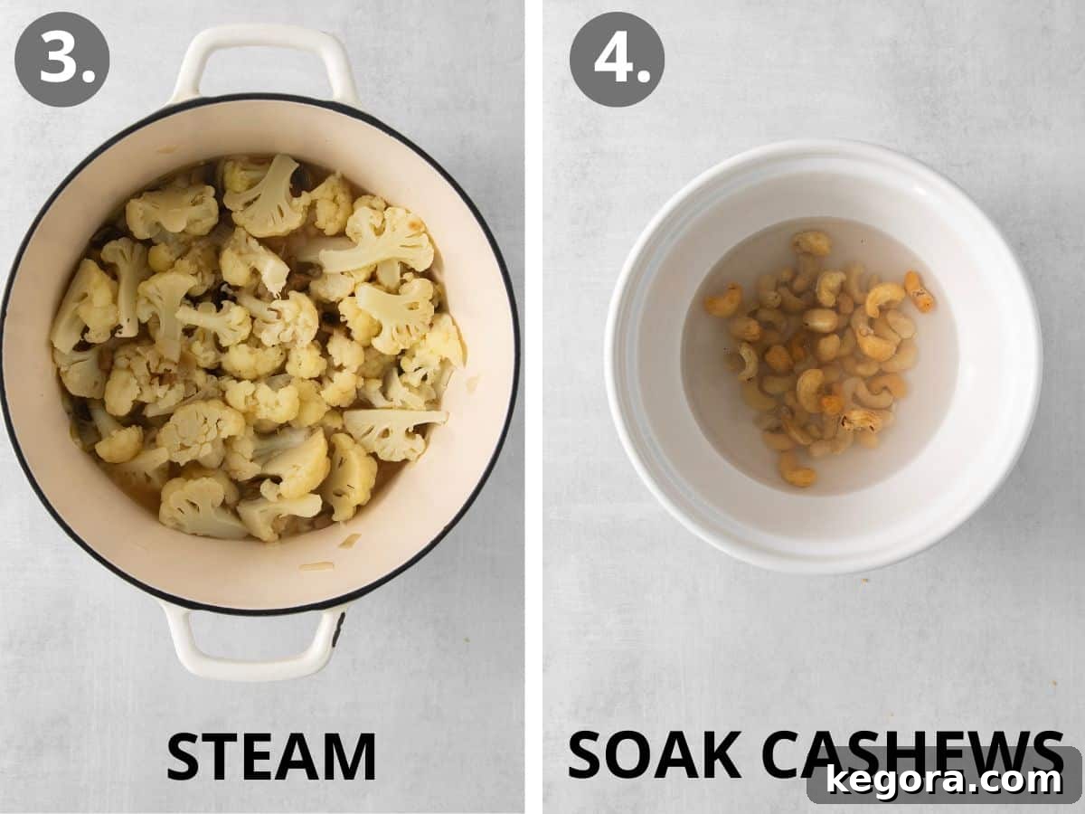 Silky Cauliflower Alfredo 4 Cauliflower steaming in a pot, and cashews soaking in a bowl