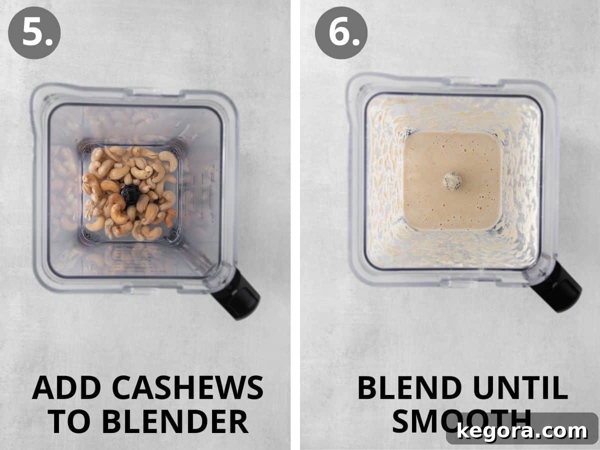 Silky Cauliflower Alfredo 5 Cashews in a blender, and blended cashews in a blender