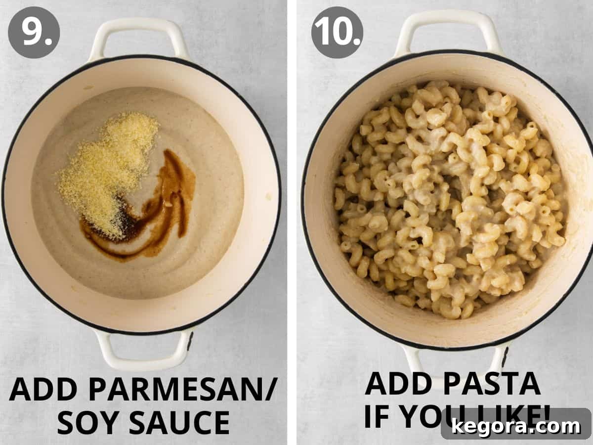 Silky Cauliflower Alfredo 6 Parmesan and soy sauce added to the pot of sauce, and pasta added to the sauce
