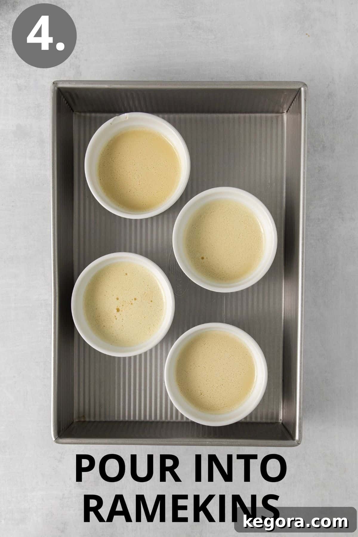 Dairy-Free Dream Brûlée 7 Four ramekins filled with the creamy dairy-free creme brulee mixture, perfectly arranged in a baking dish, ready for the water bath and oven.