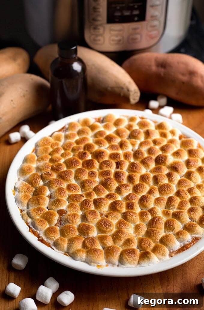 Instant Pot Candied Yams in a white bowl, garnished with pecans, on a rustic wood board next to raw sweet potatoes and marshmallows.