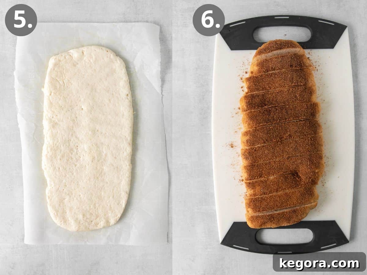 Sweet Cinnamon Gluten-Free Dippers 8 Breadstick dough spread over parchment paper, and baked cinnamon breadsticks