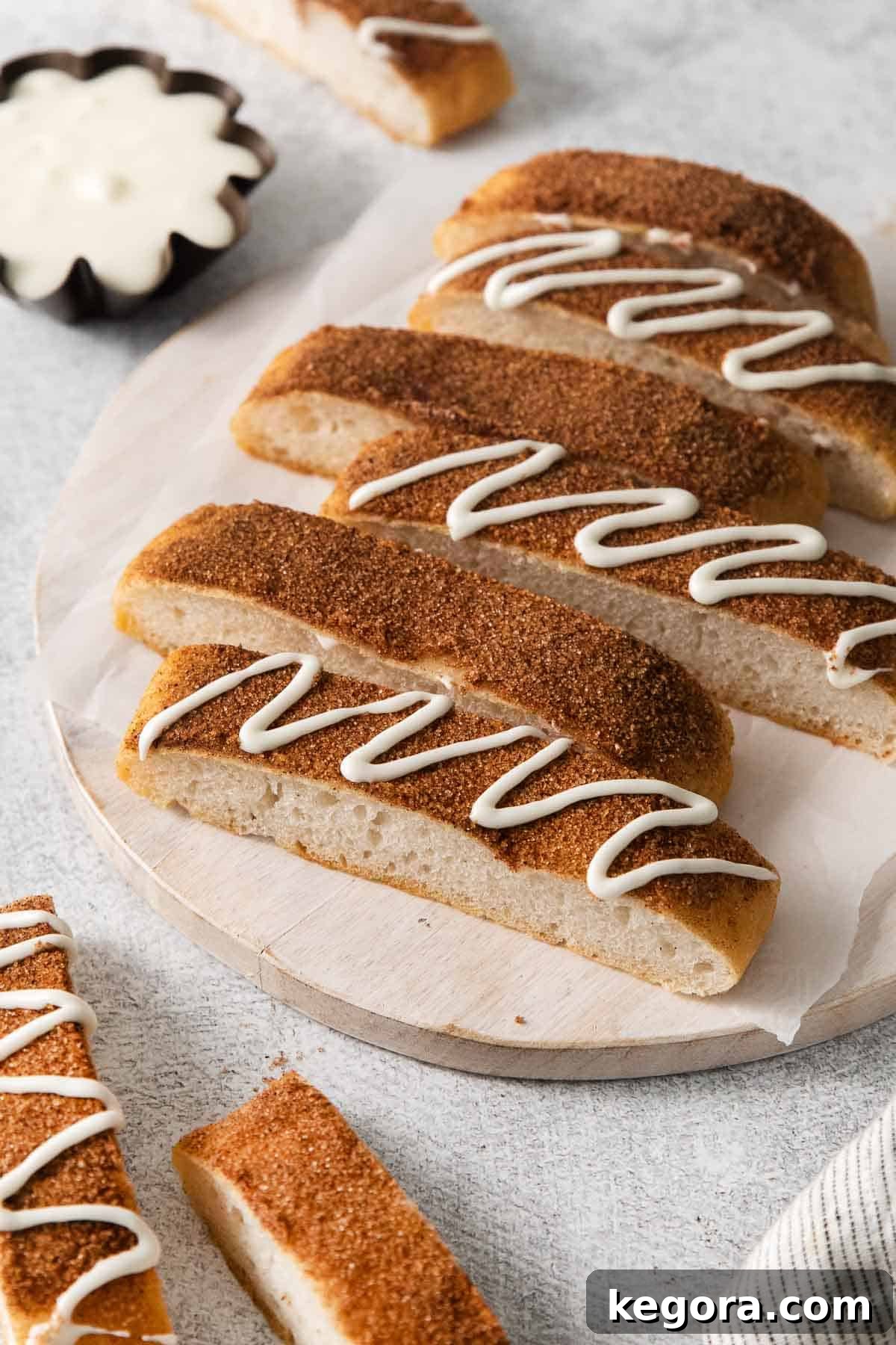 Sweet Cinnamon Gluten-Free Dippers 10 Gluten-free cinnamon breadsticks on a serving board