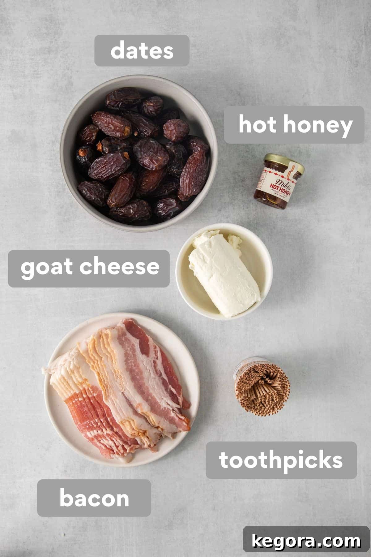 Ingredients for bacon-wrapped dates laid out on a kitchen countertop.
