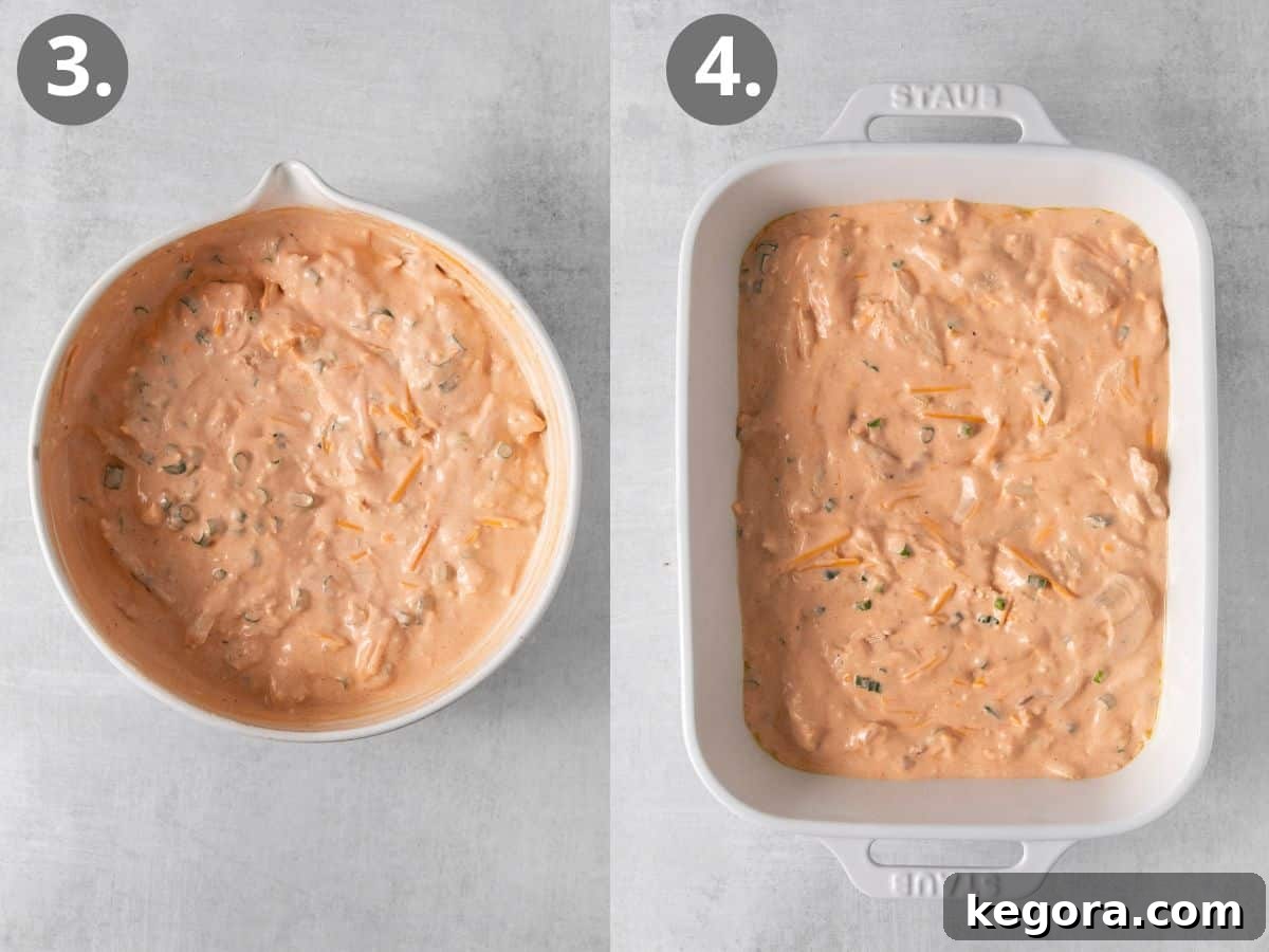 The smooth and creamy mixed base for dairy-free buffalo chicken dip in a bowl, alongside the dip already transferred to a baking dish before the final layer of cheese.