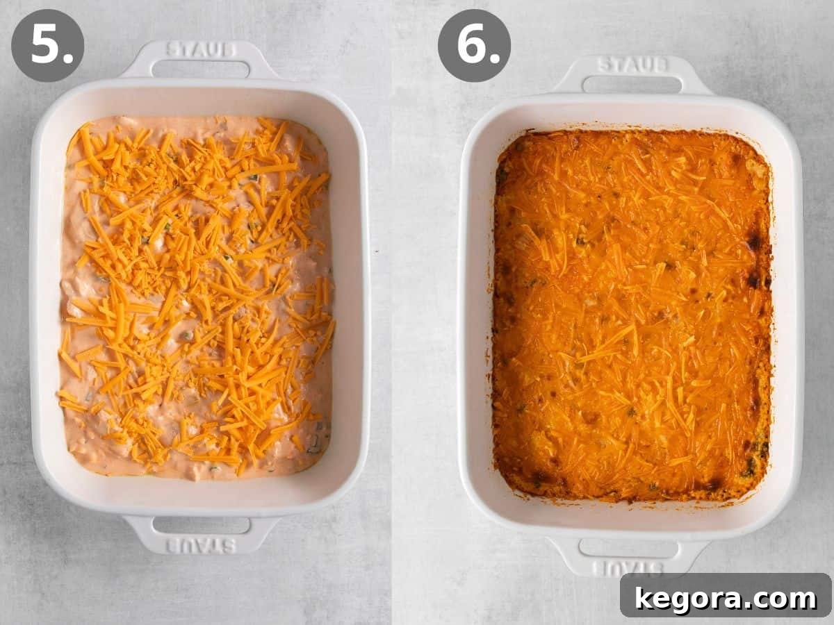The dairy-free buffalo chicken dip in a baking dish, topped with shredded dairy-free cheese before baking, and a second image showing the dip baked to a golden, bubbly perfection.