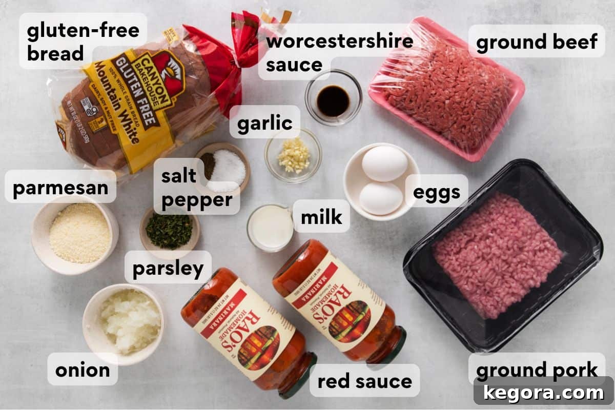 Traditional Italian Gluten Free Meatballs 3 meatball ingredients measured and labeled.